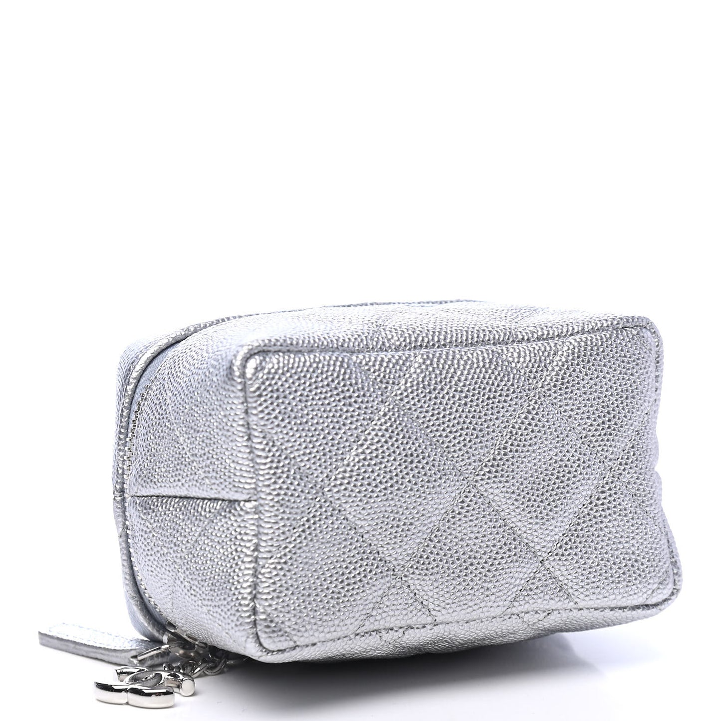 Metallic Caviar Quilted Mini Top Handle Vanity With Chain Silver