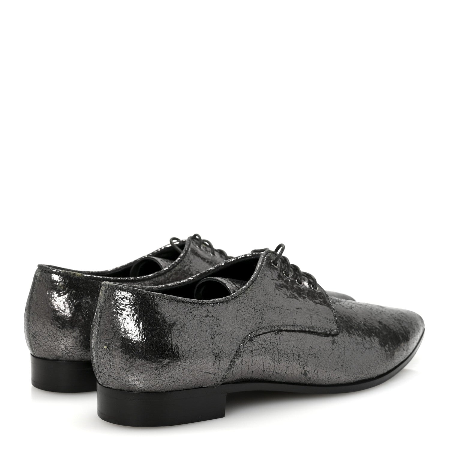 Miu Miu Metallic Crinkled Patent Lace Up Oxford Flats 37.5 Dark Silver 5 of 9