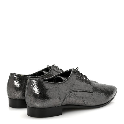 Miu Miu Metallic Crinkled Patent Lace Up Oxford Flats 37.5 Dark Silver 5 of 9