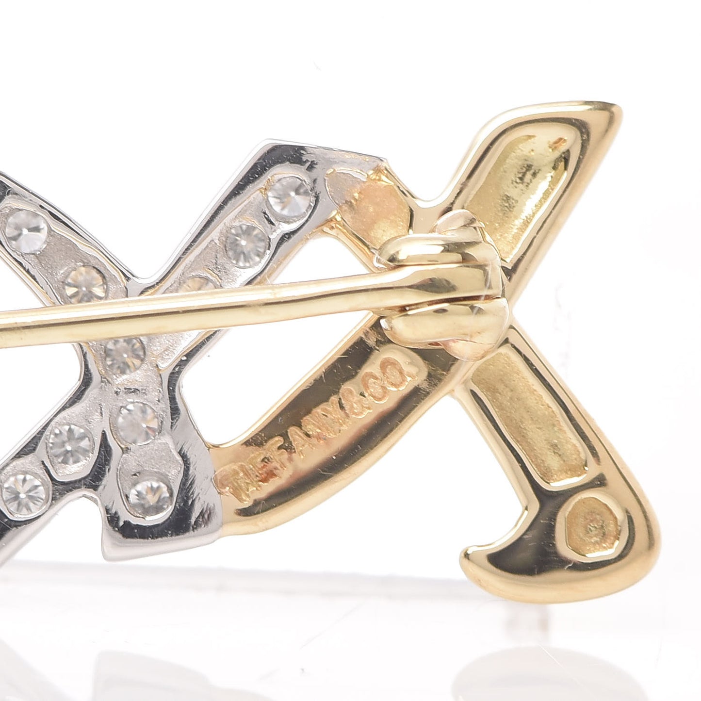 18K Yellow Gold Platinum Diamond XO Brooch Pin