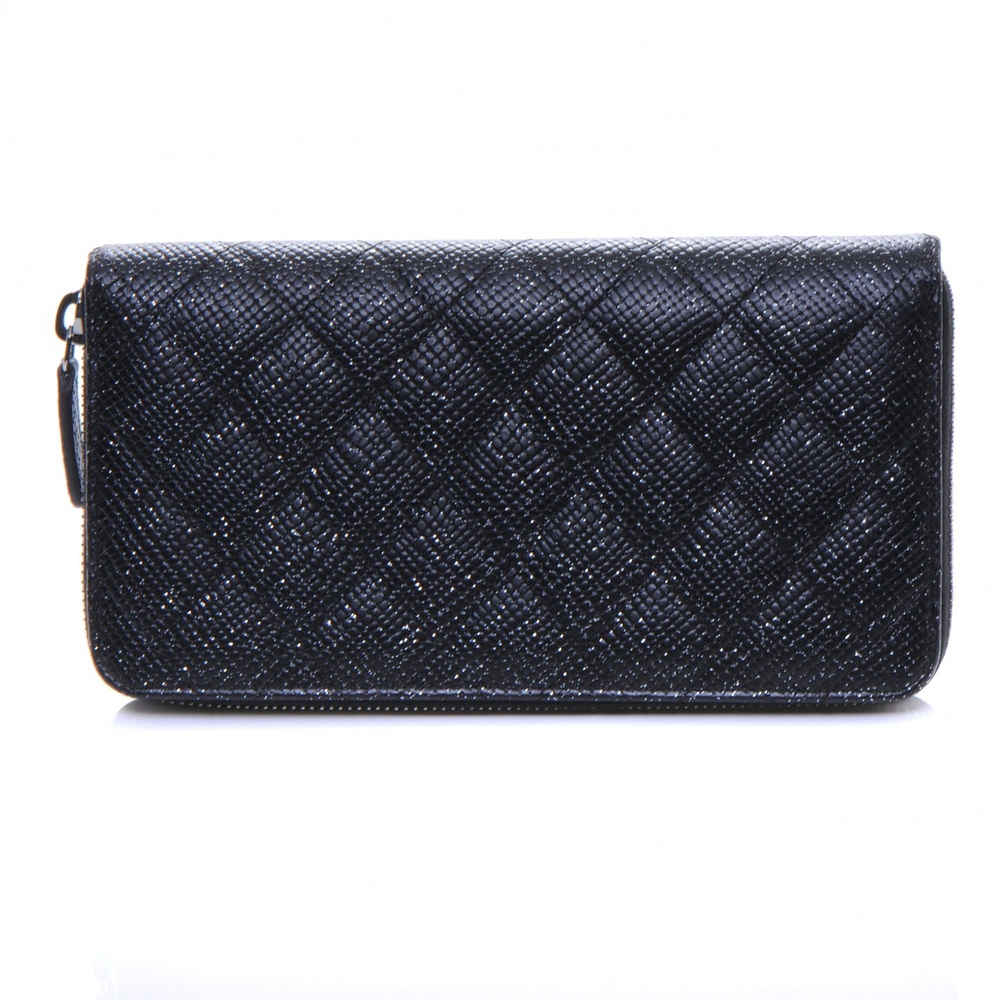 Glittered Calfskin Quilted Large Gusset Zip Wallet Black