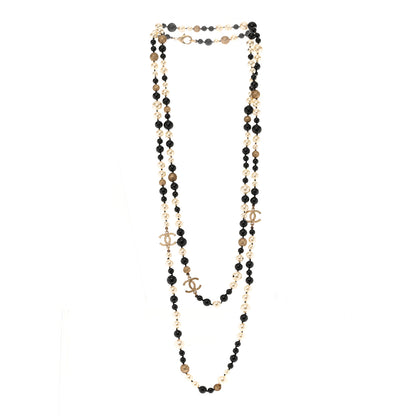 Chanel Metal Pearl Beaded Textured CC Long Necklace Gold Black White 3 of 6