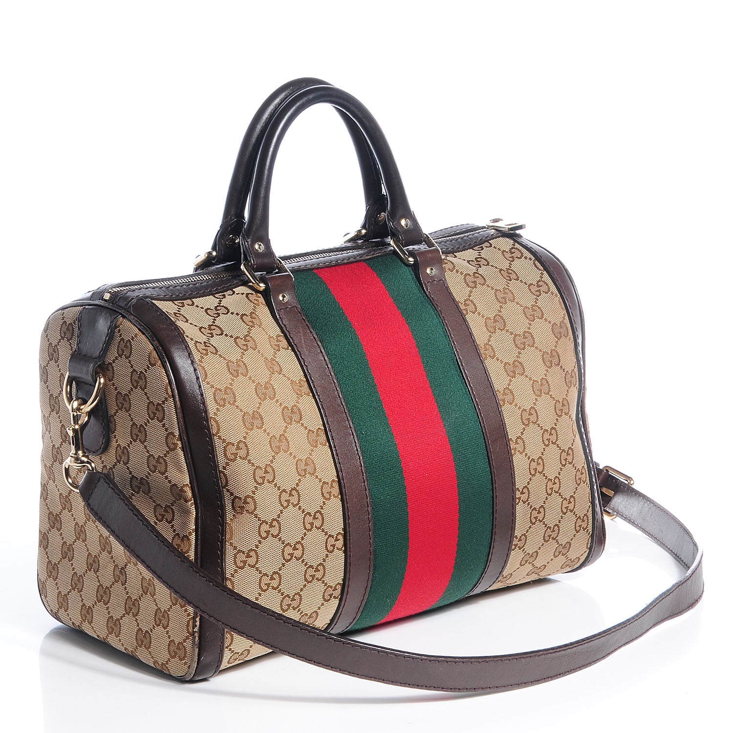Gucci Monogram Selleria Calfskin Vintage Web Medium Boston Beige Ebony Cocoa 3 of 9