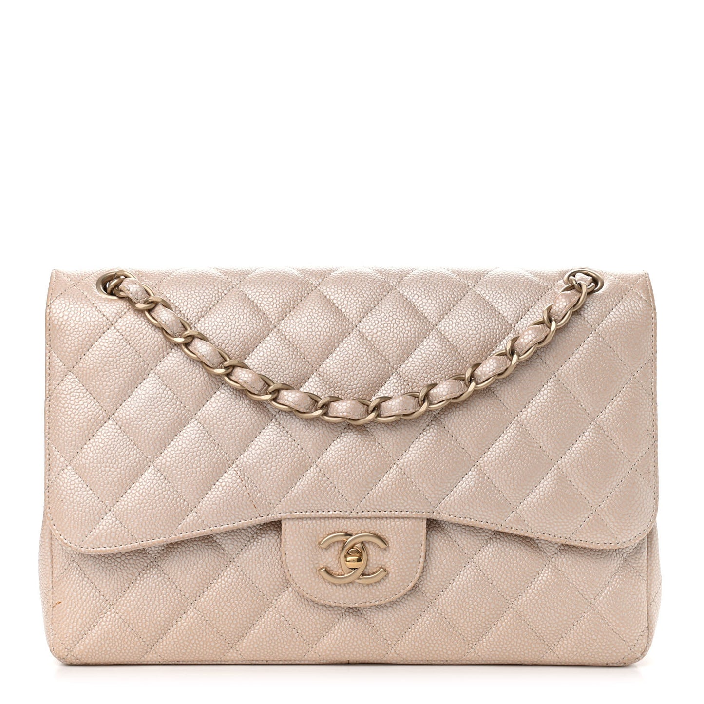 Iridescent Caviar Quilted Jumbo Double Flap Beige