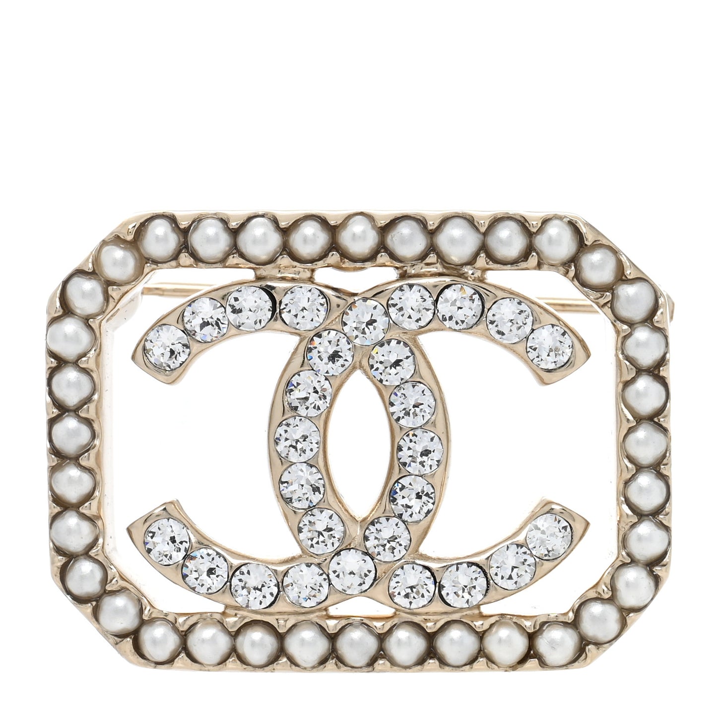Pearl Crystal CC Square Brooch Gold