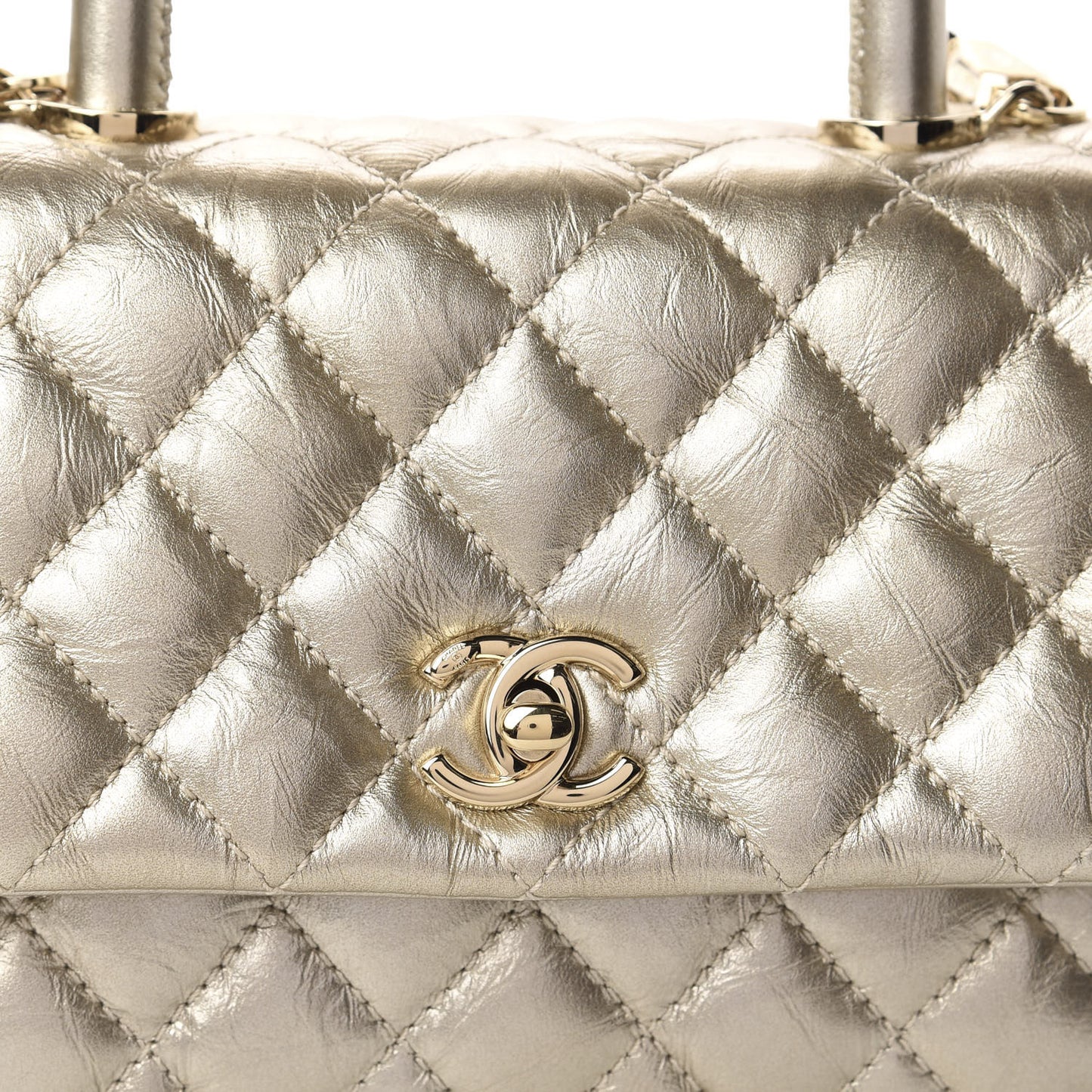 Metallic Aged Calfskin Quilted Mini Coco Handle Flap Gold