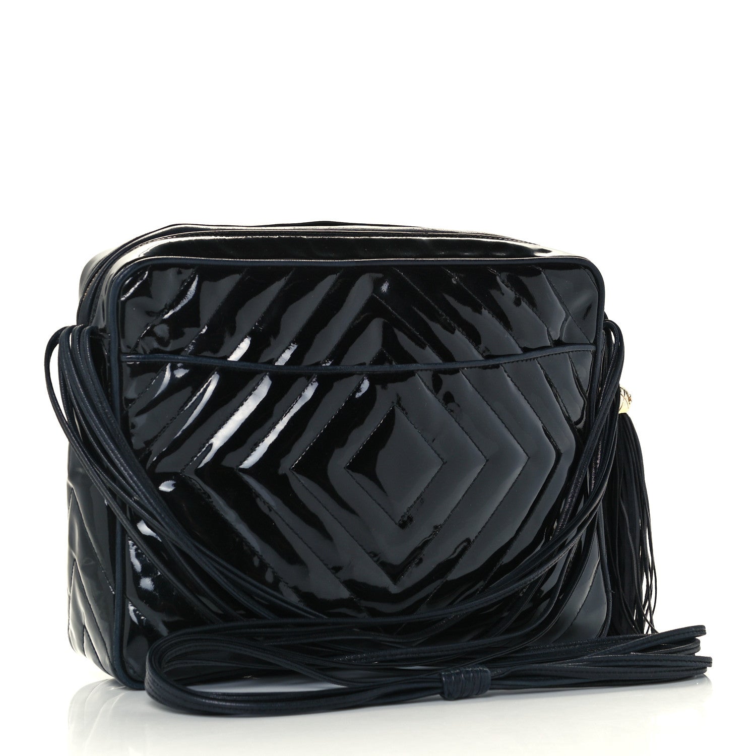 Chanel Patent Chevron Quilted Tassel Camera Case Black 3 of 11