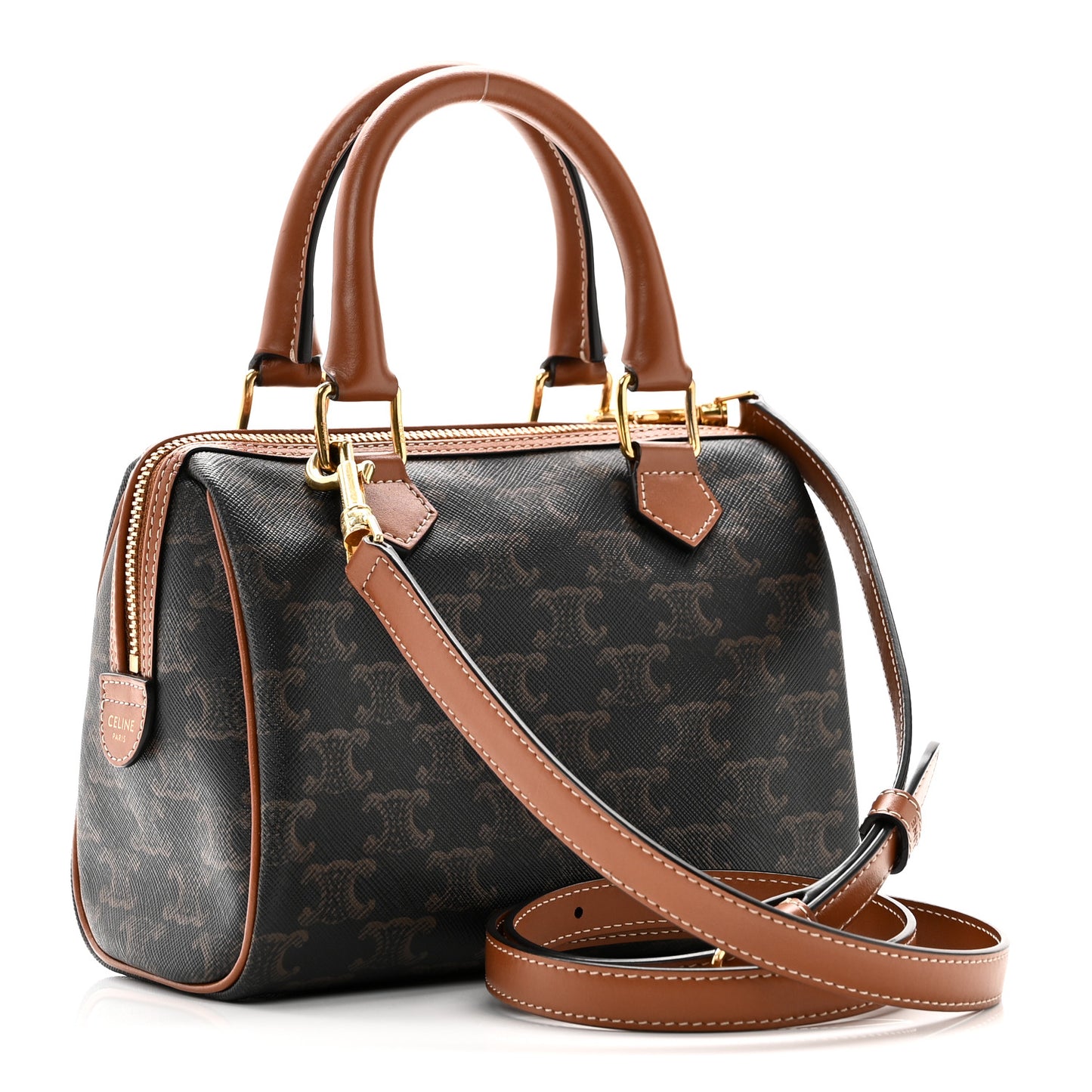 Triomphe Canvas Calfskin Small Boston Bag Tan