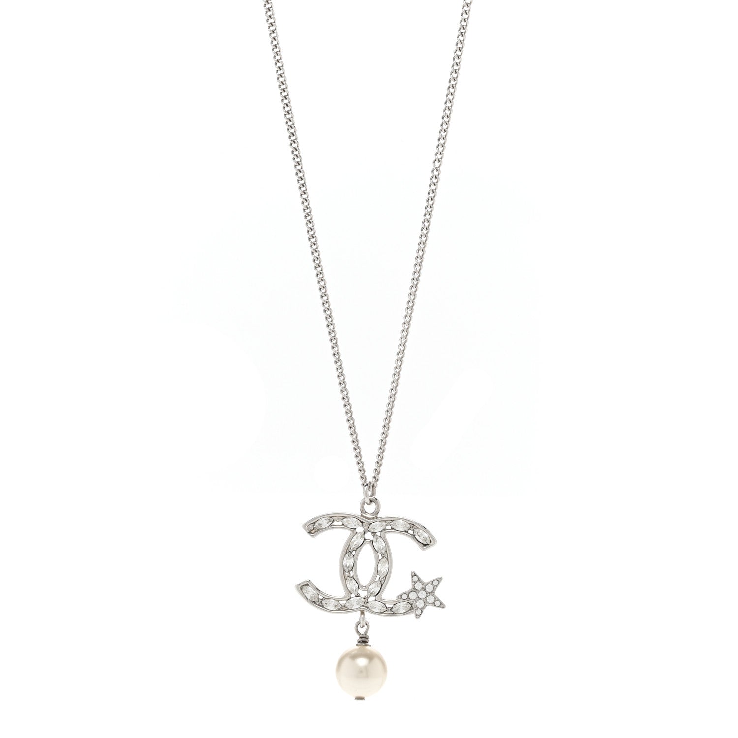 Chanel Crystal CC Star Pearl Drop Necklace Silver 1 of 6