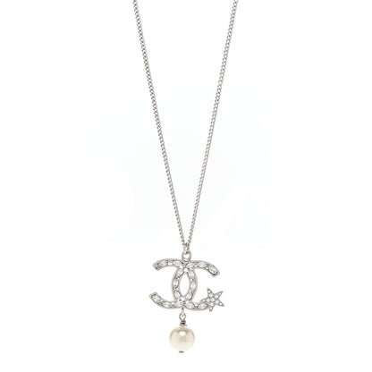 Chanel Crystal CC Star Pearl Drop Necklace Silver 1 of 6