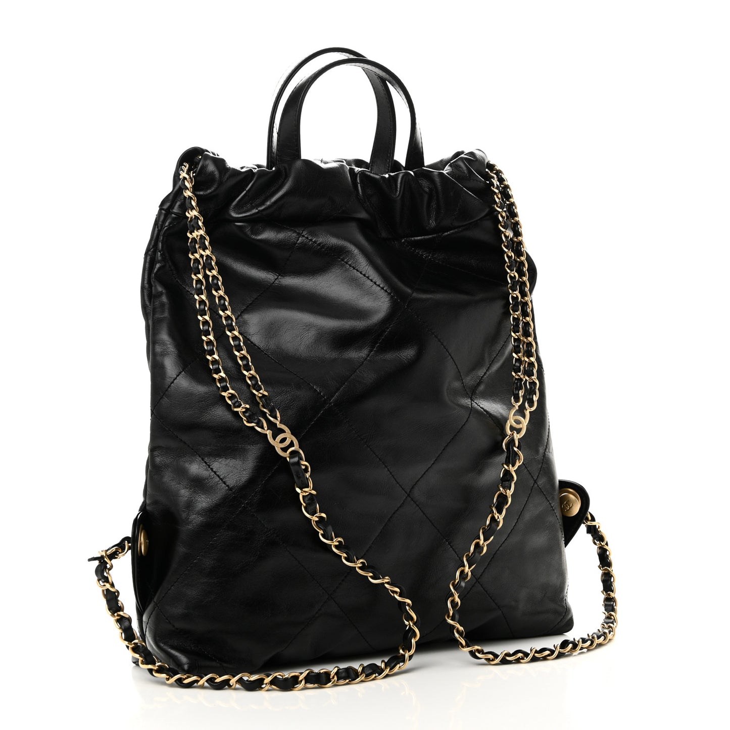 Shiny Calfskin Quilted Chanel 22 Backpack Black