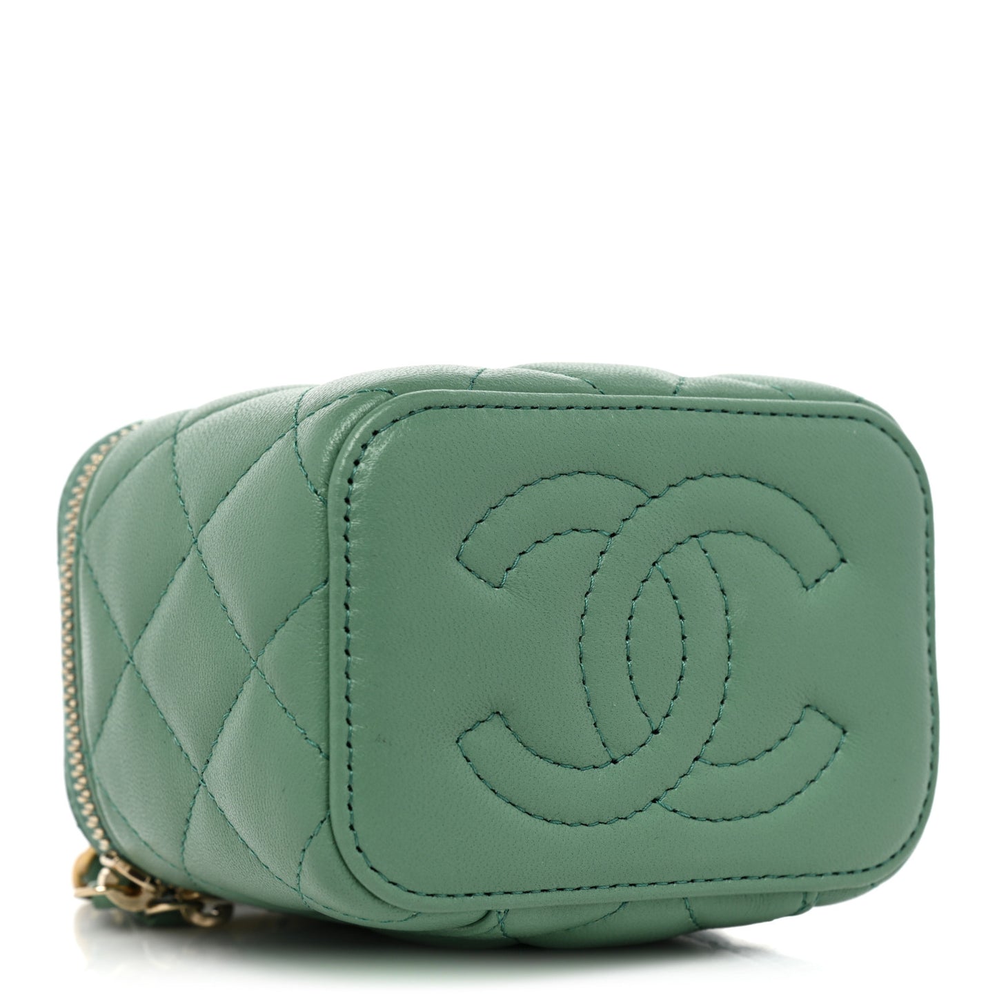 Lambskin Quilted Pearl Crush Mini Vanity Case With Chain Dark Green