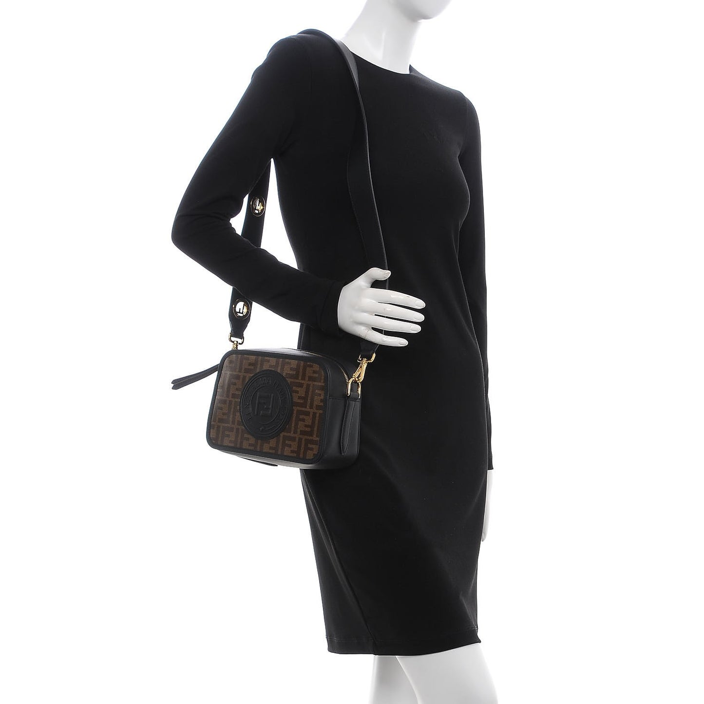 Glazed Fabric Vitello Century F is Fendi FF 1974 Stamp Patch Camera Case Mogano Panna Black