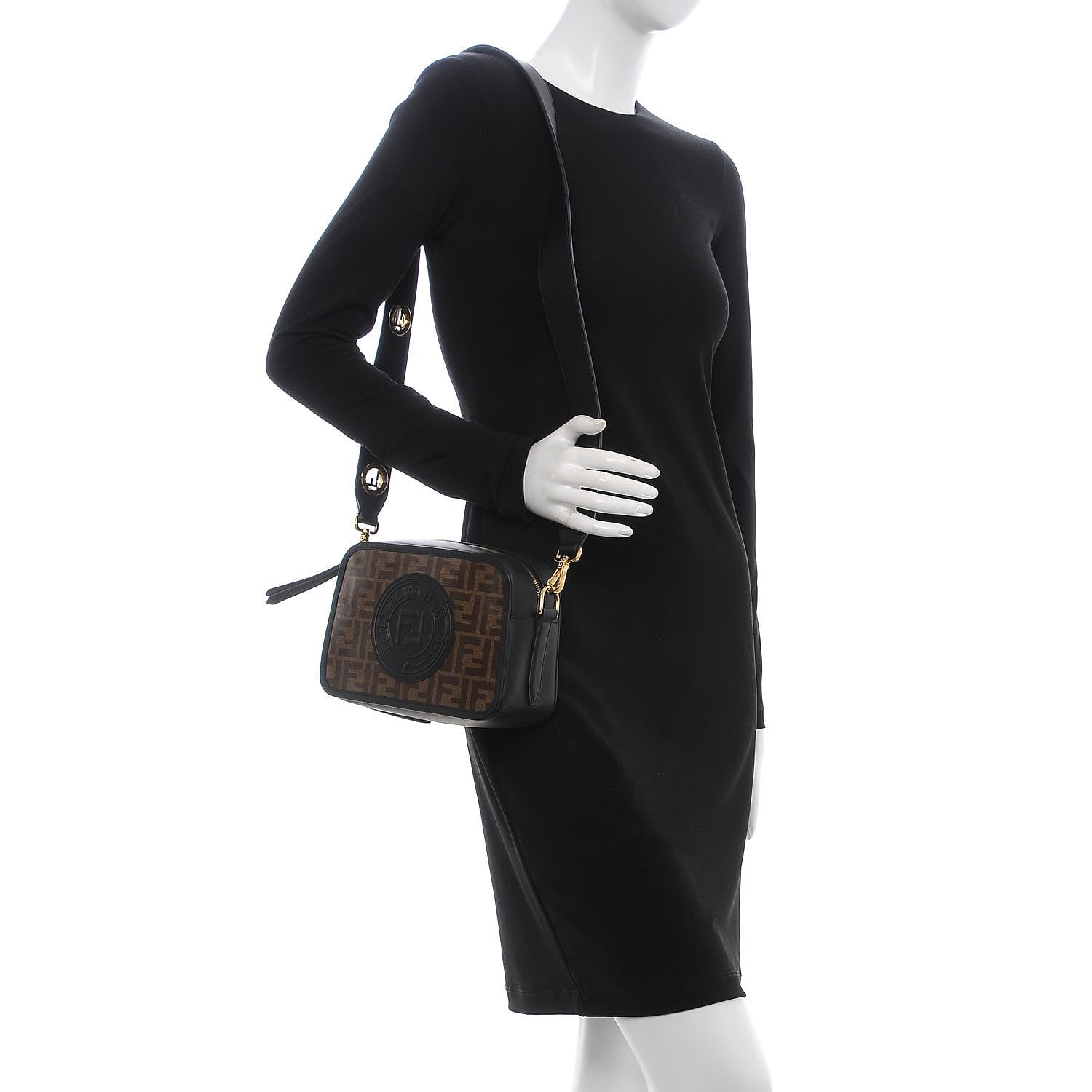 Fendi Glazed Fabric Vitello Century F is Fendi FF 1974 Stamp Patch Camera Case Mogano Panna Black 2 of 7