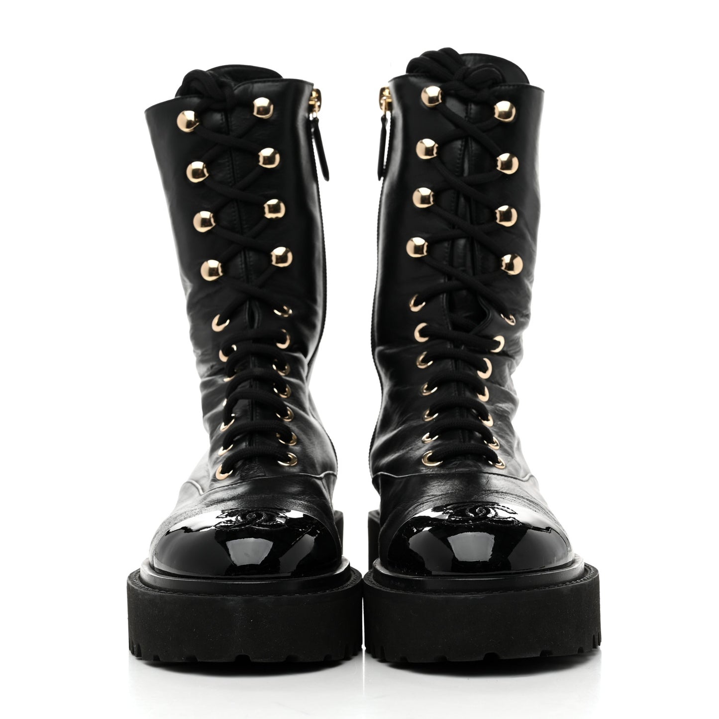 Crumpled Calfskin Patent Cap Toe Lace Up Combat Boots 35 Black