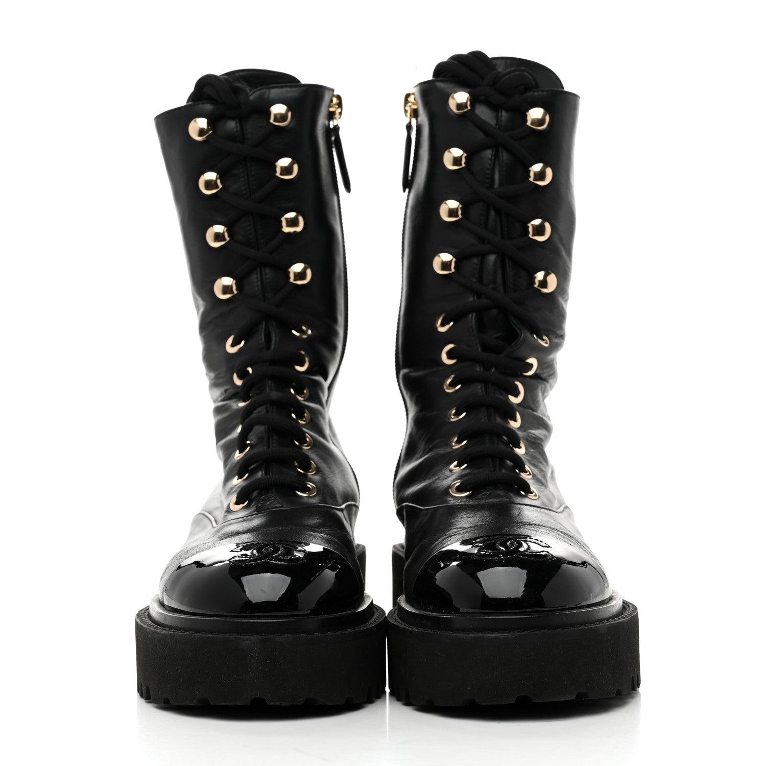 Chanel Crumpled Calfskin Patent Cap Toe Lace Up Combat Boots 35 Black 3 of 9