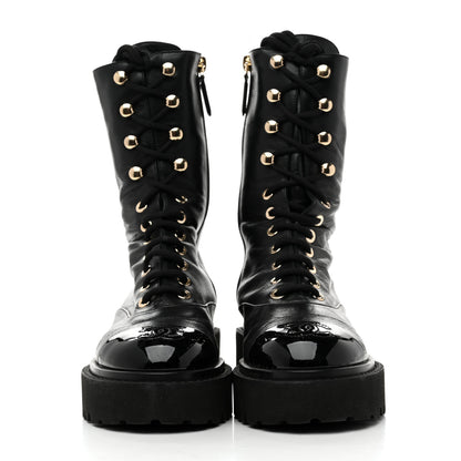 Chanel Crumpled Calfskin Patent Cap Toe Lace Up Combat Boots 35 Black 3 of 9