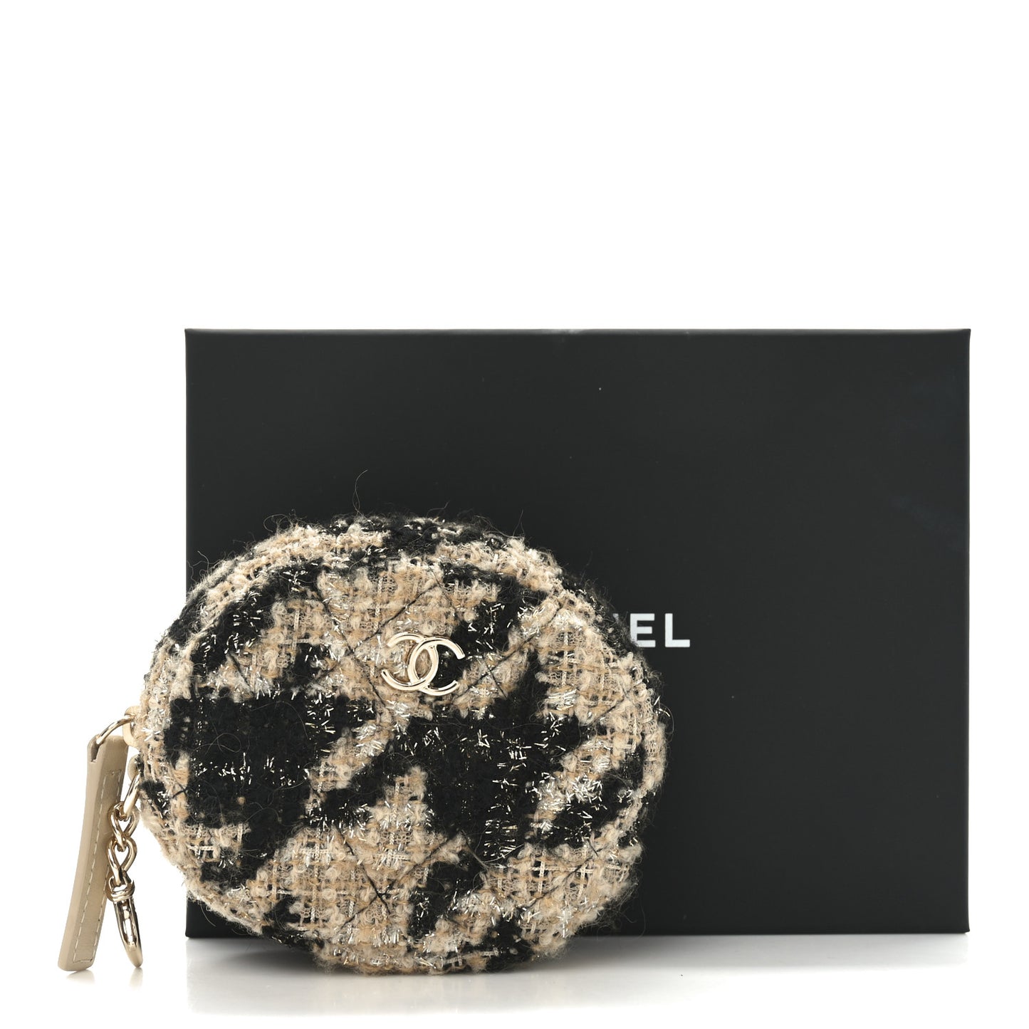 Tweed Shearling Quilted Coin Purse Beige Black