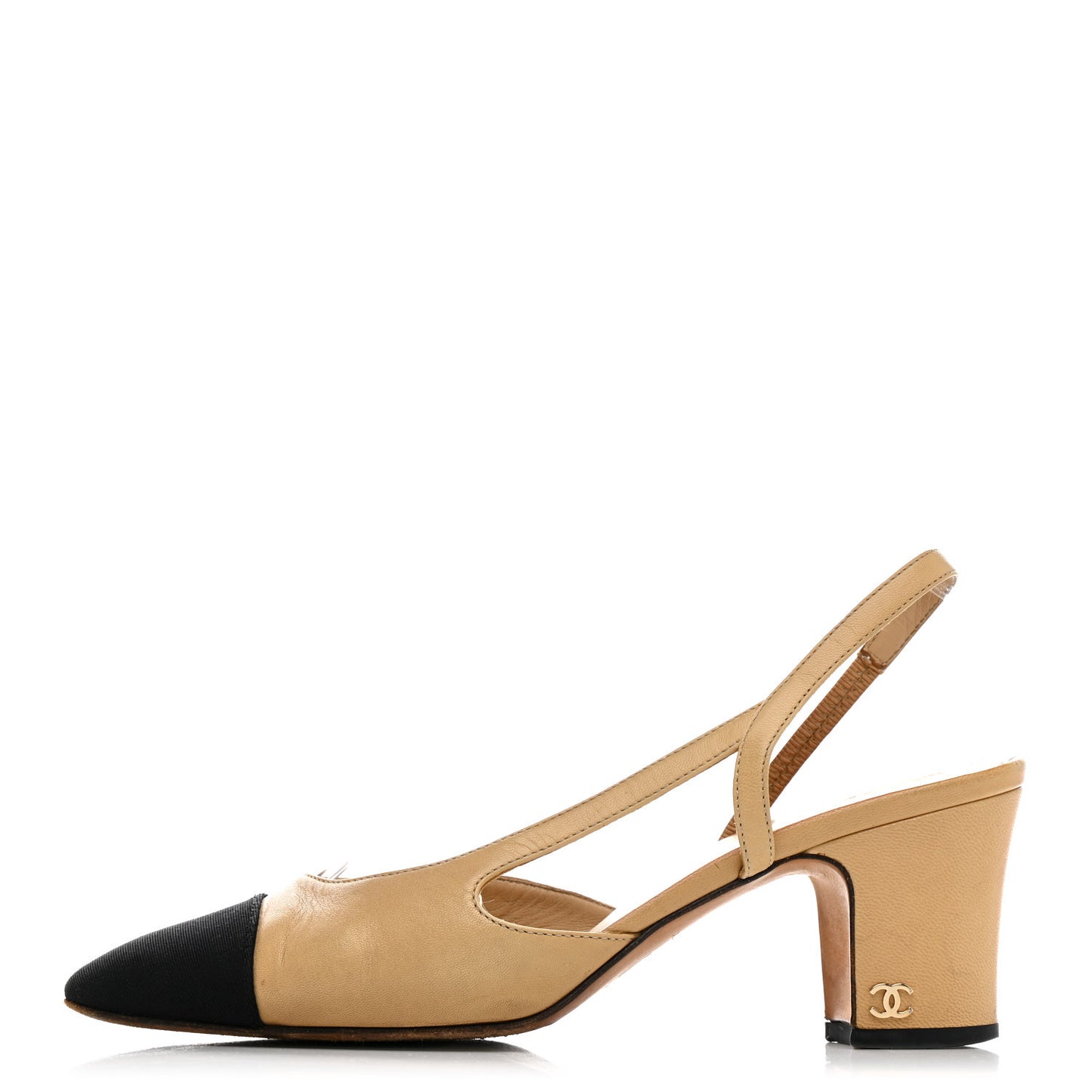 Goatskin Grosgrain Cap Toe CC Slingback Pumps 36 Beige Black