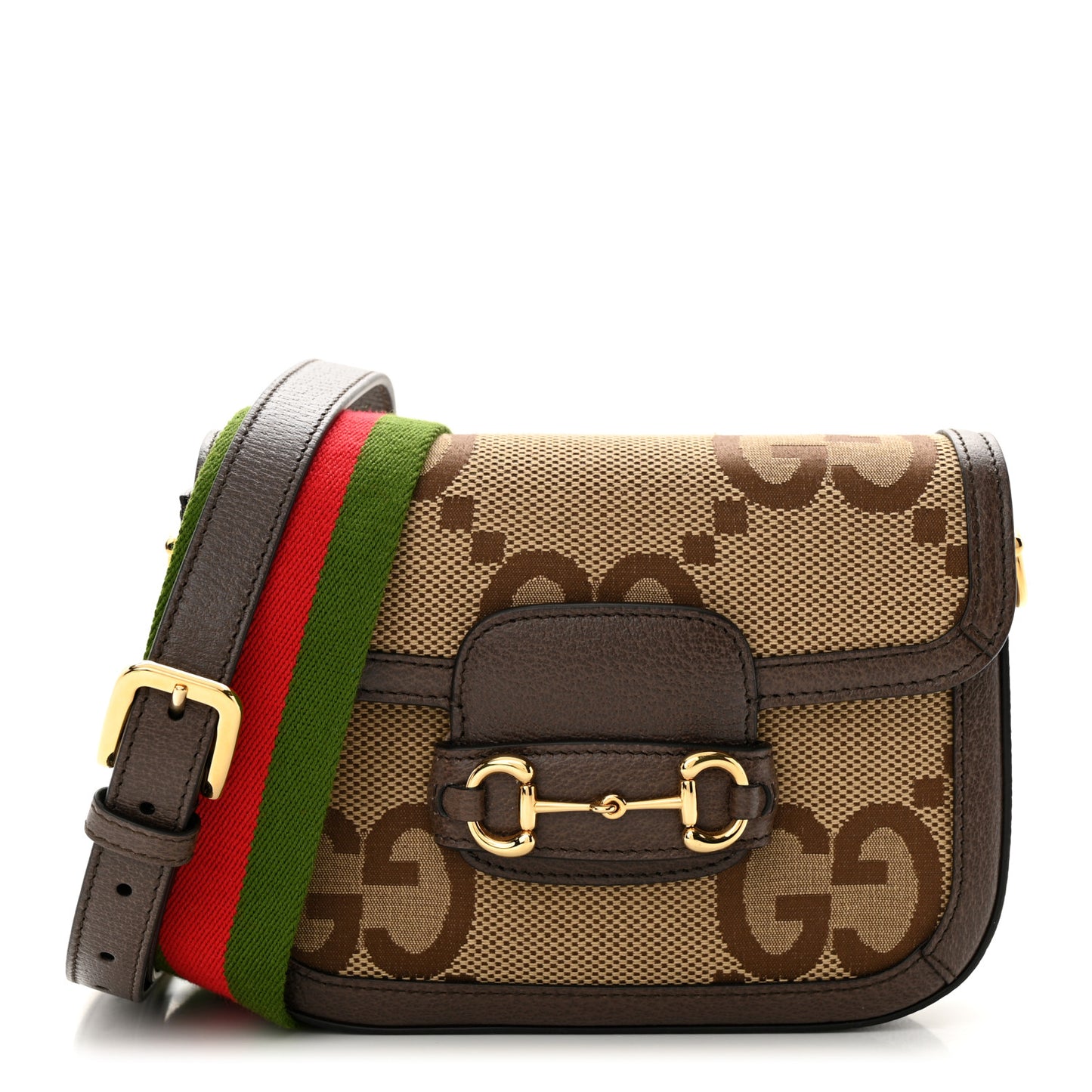 Monogram Jumbo GG Textured Dollar Calfskin Web Mini Horsebit 1955 Shoulder Bag Camel Ebony New Acero