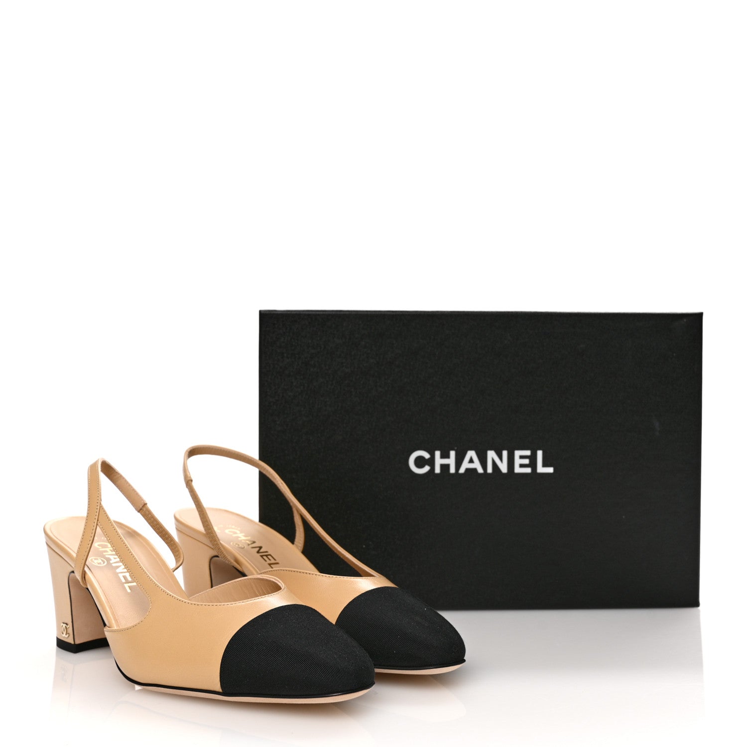 Chanel Goatskin Grosgrain Cap Toe CC Slingback Pumps 39.5 Beige Black 10 of 10