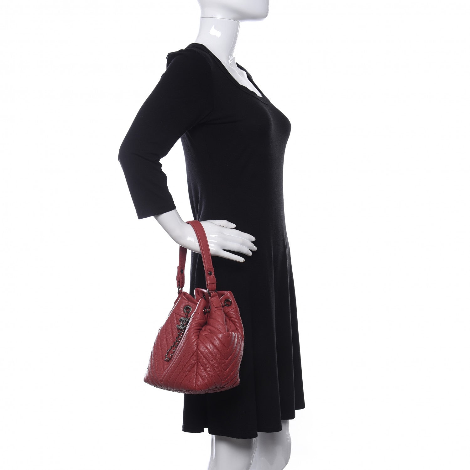 Chanel Deerskin Chevron Small CC Chain Bucket Drawstring Bag Red 2 of 10