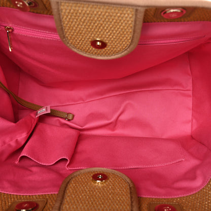 Chanel Straw Raffia Calfskin Striped Medium Deauville Tote Dark Beige Fuchsia Navy Blue 5 of 10