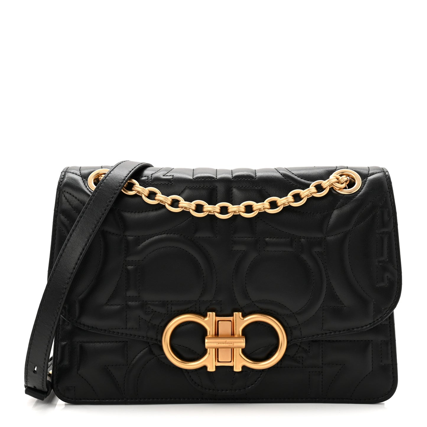 Calfskin Quilted Gancini Flap Bag Black