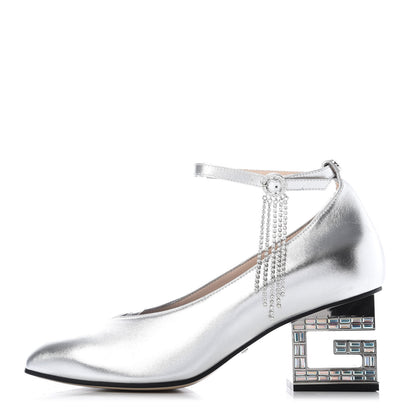 Gucci Metallic Nappa Crystal Square G Mid Heel Pumps 39.5 Silver 1 of 10