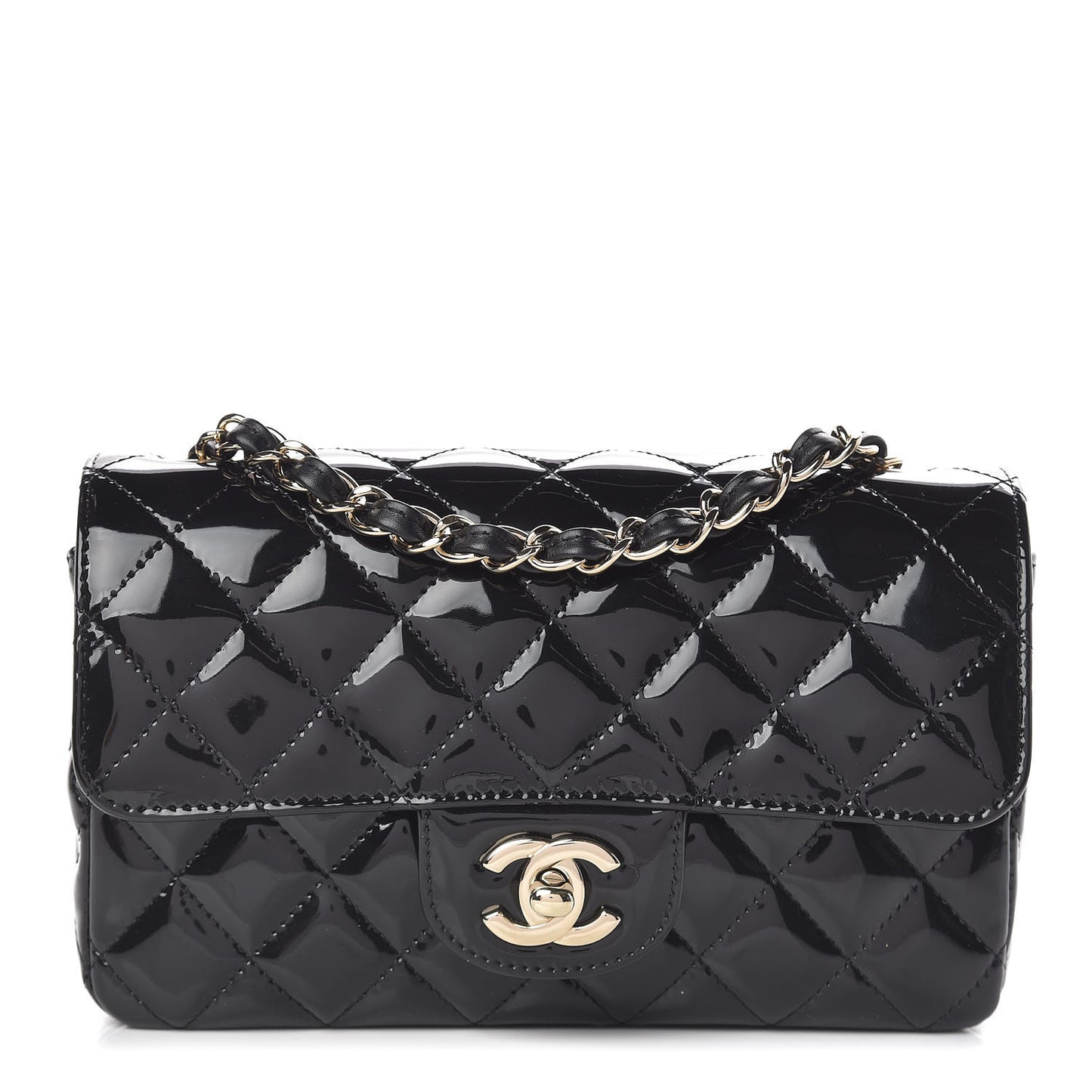 Patent Calfskin Quilted Mini Rectangular Flap Black