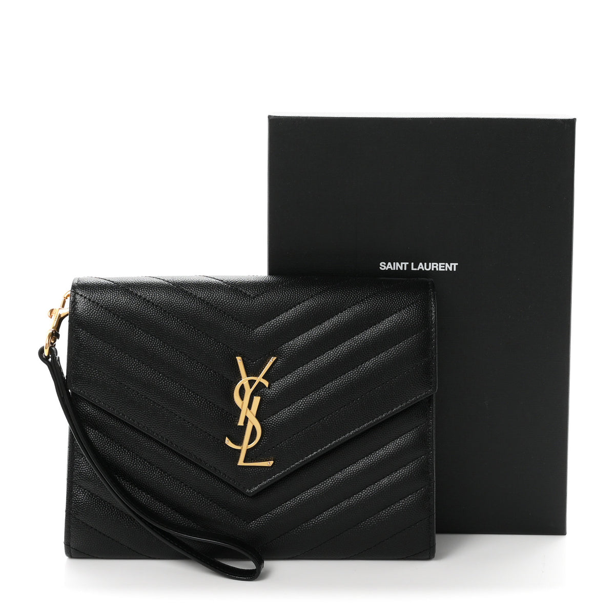 Saint Laurent Grain De Poudre Matelasse Chevron Monogram Envelope Clutch Black 8 of 8