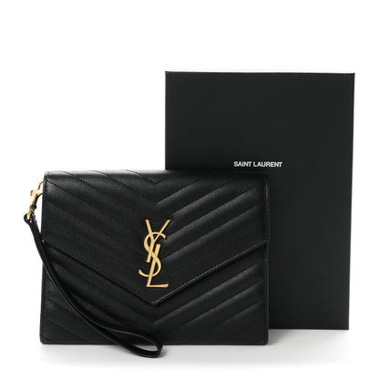 Saint Laurent Grain De Poudre Matelasse Chevron Monogram Envelope Clutch Black 8 of 8
