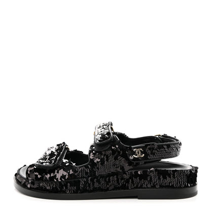Chanel Sequin Knit Velcro Dad Sandals 37.5 Black 2 of 13