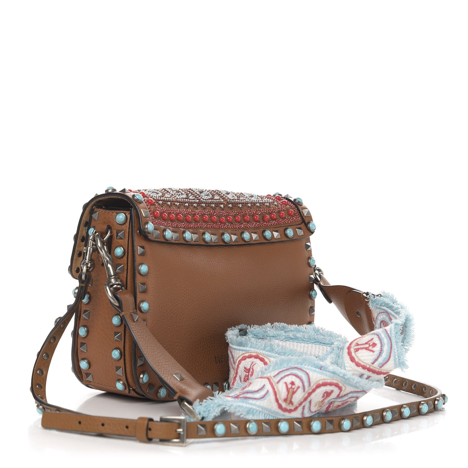 Valentino Garavani Calfskin Embroidered Medium Guitar Strap Rockstud Rolling Flap Saddle Bag Light Cuir 5 of 13