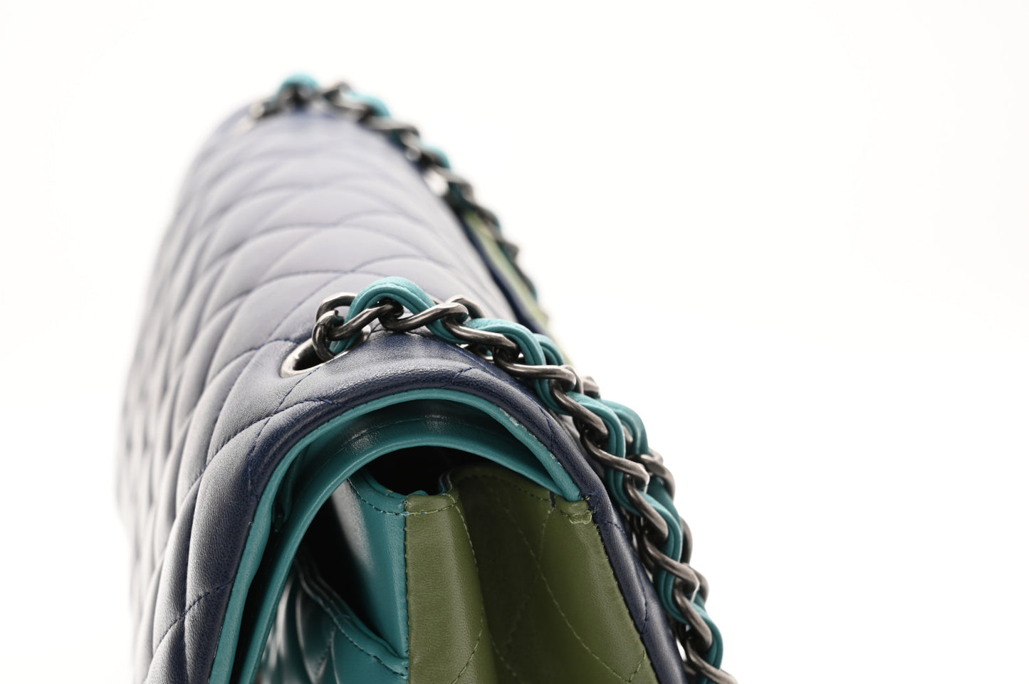 Lambskin Quilted Tri-Color Jumbo Double Flap Navy Blue Green