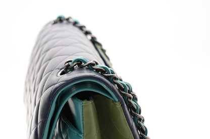 Chanel Lambskin Quilted Tri-Color Jumbo Double Flap Navy Blue Green 13 of 20