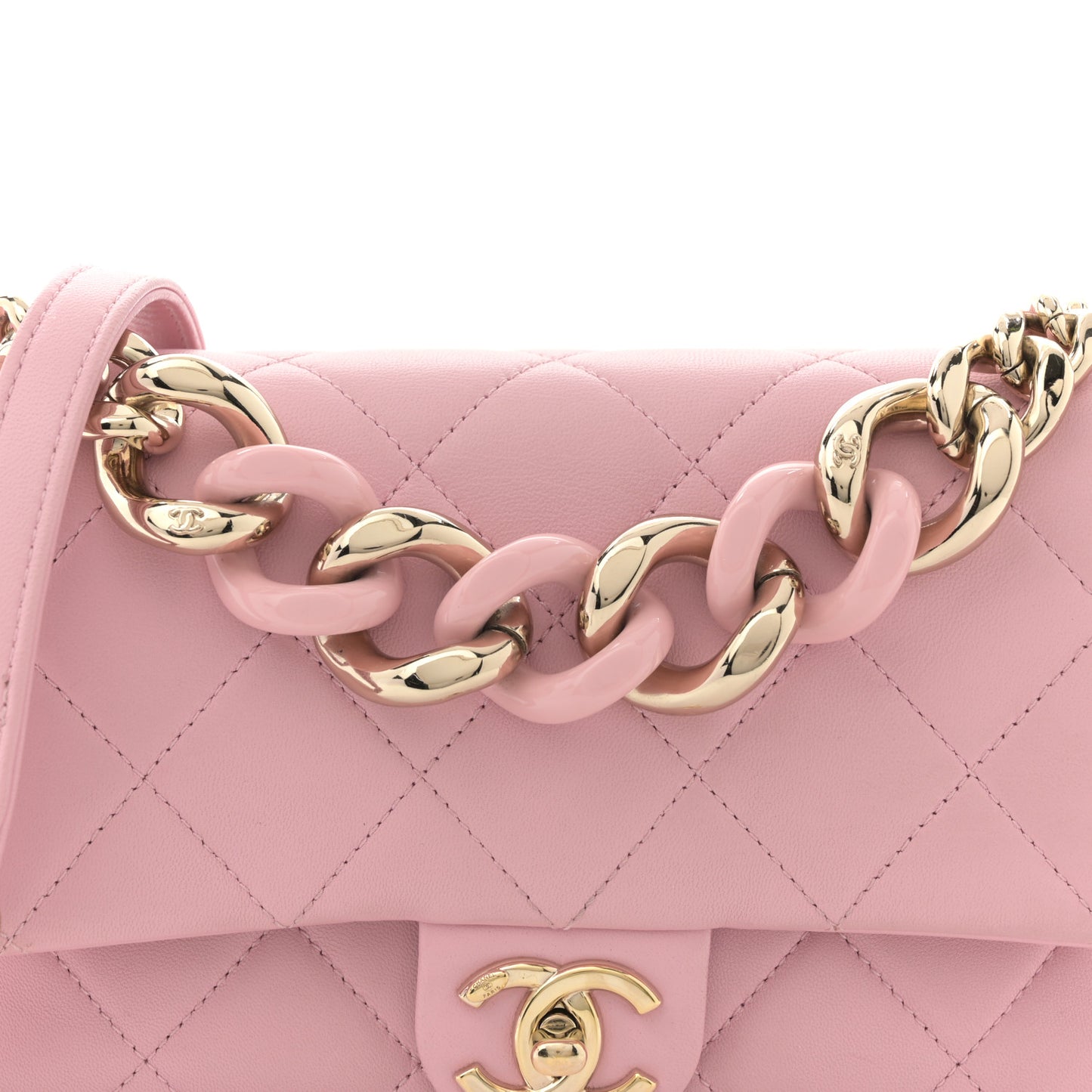 Lambskin Quilted Resin Bi-Color Chain Flap Bag Pink
