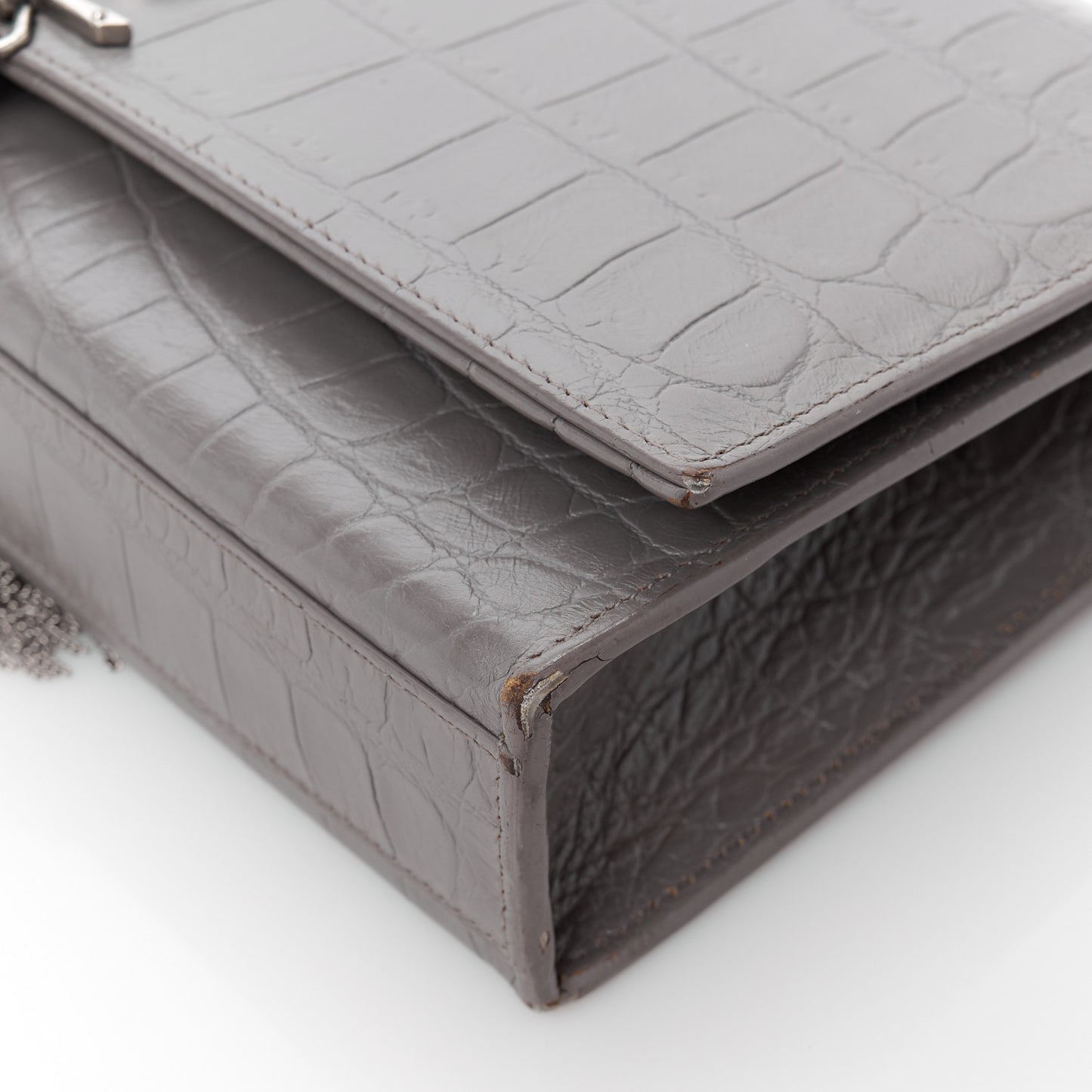 SAINT LAURENT Calfskin Crocodile Embossed Medium Classic Monogram Kate Tassel Satchel Fog