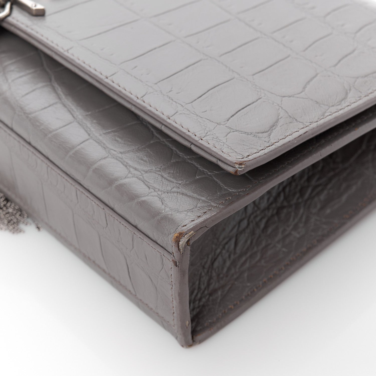 Saint Laurent SAINT LAURENT Calfskin Crocodile Embossed Medium Classic Monogram Kate Tassel Satchel Fog 12 of 13