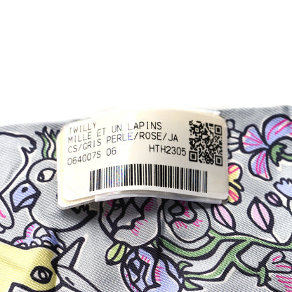Hermes Silk Mille Et Un Lapins Twilly Gris Perle Rose Jaune 3 of 4