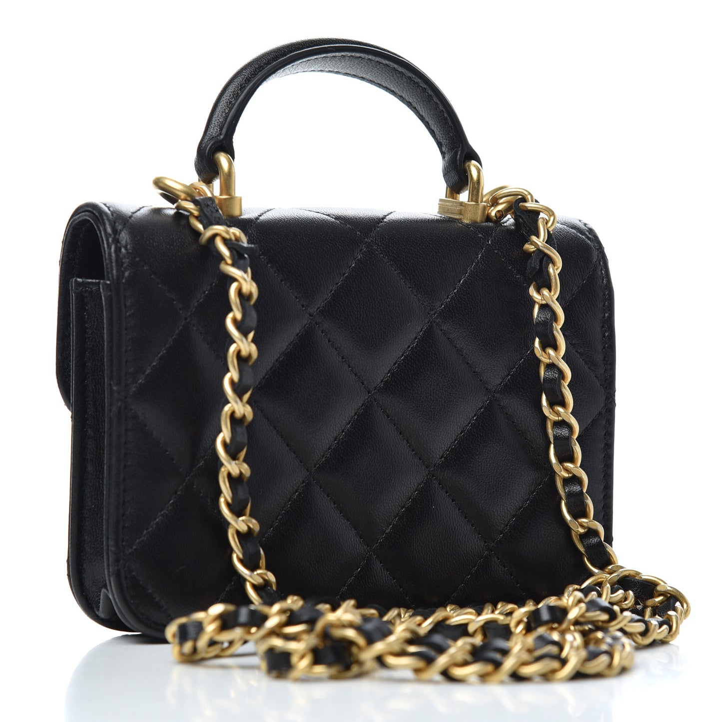 Lambskin Quilted Top Handle Flap Coin Purse With Chain Black