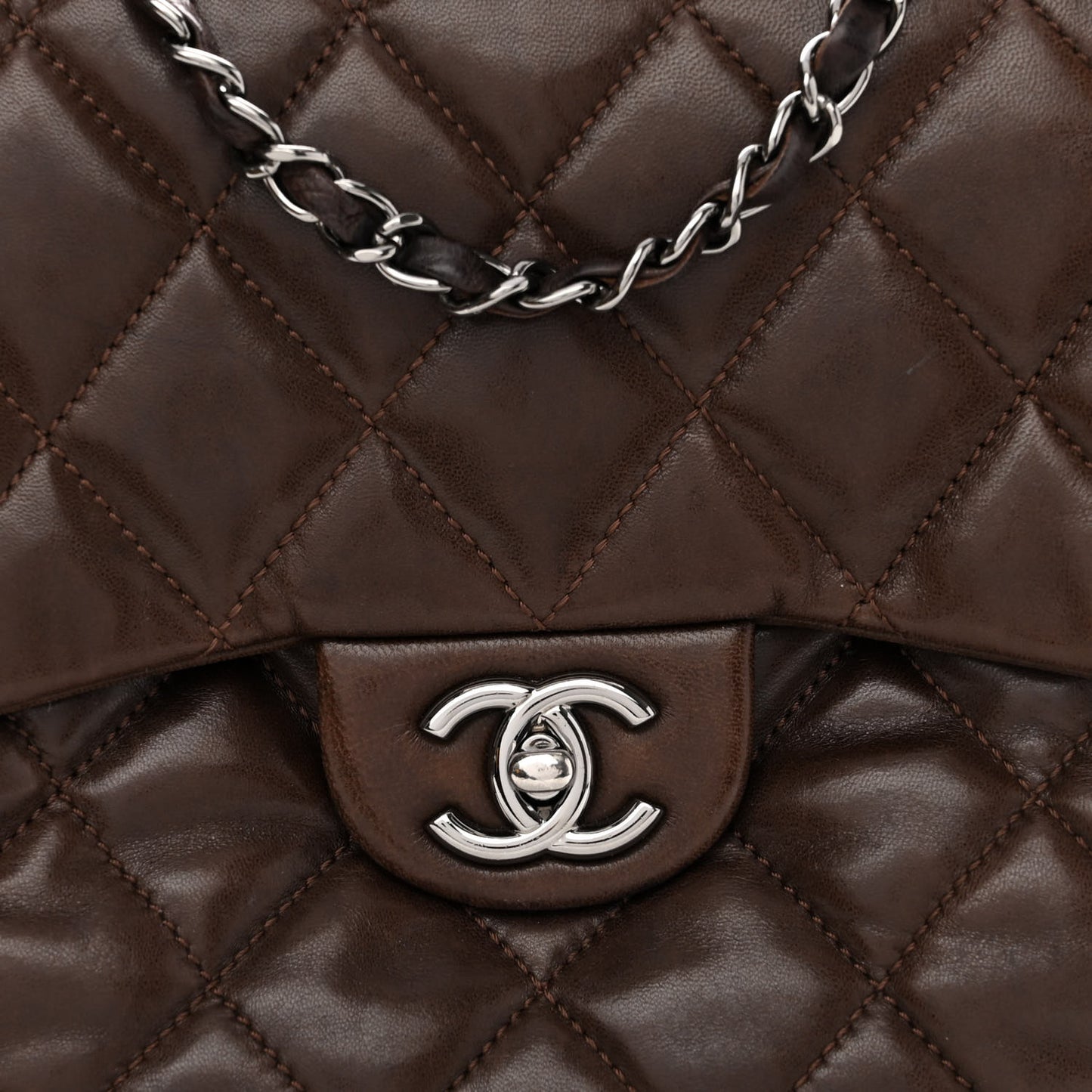 Lambskin Quilted Large Chanel 3 Flap Dark Brown