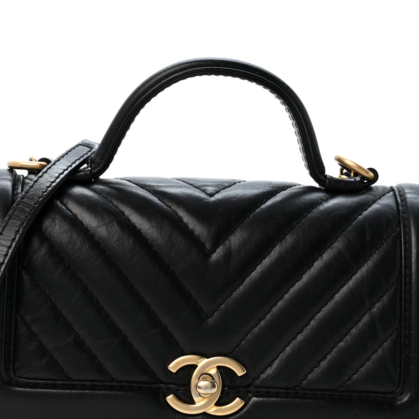 Calfskin Chevron Quilted Top Handle Flap Black