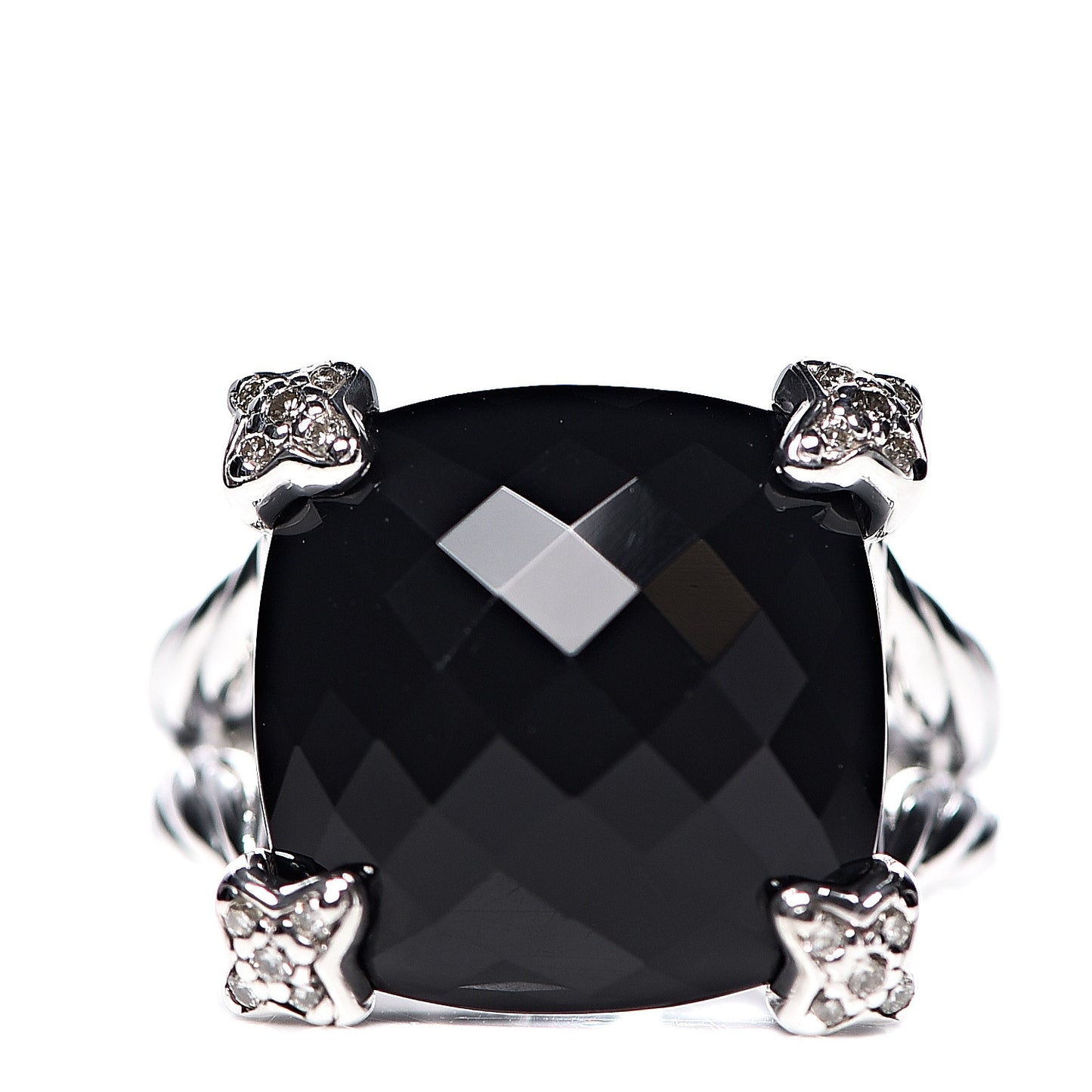 Sterling Silver Diamond Black Onyx 14mm Cushion On Point Ring 54 6.75