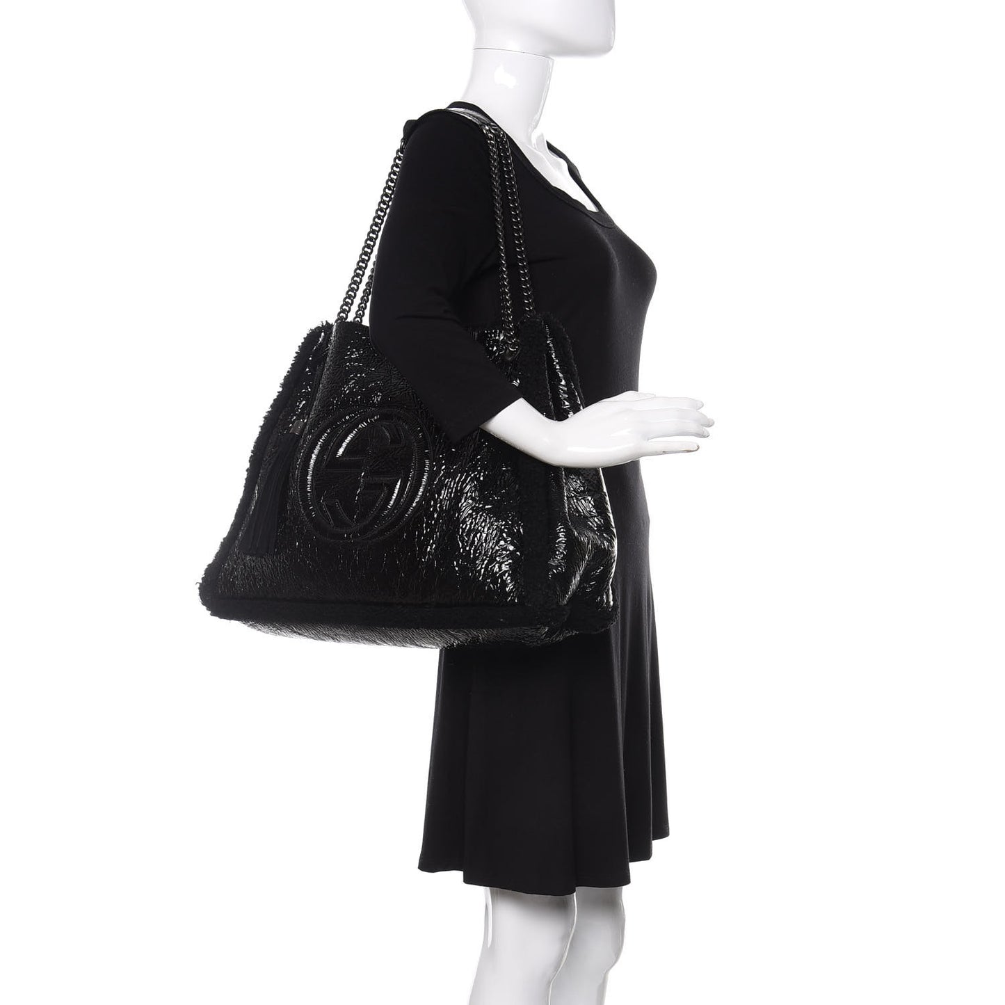 Patent Shearling Large Soho Chain Shoulder Bag Black