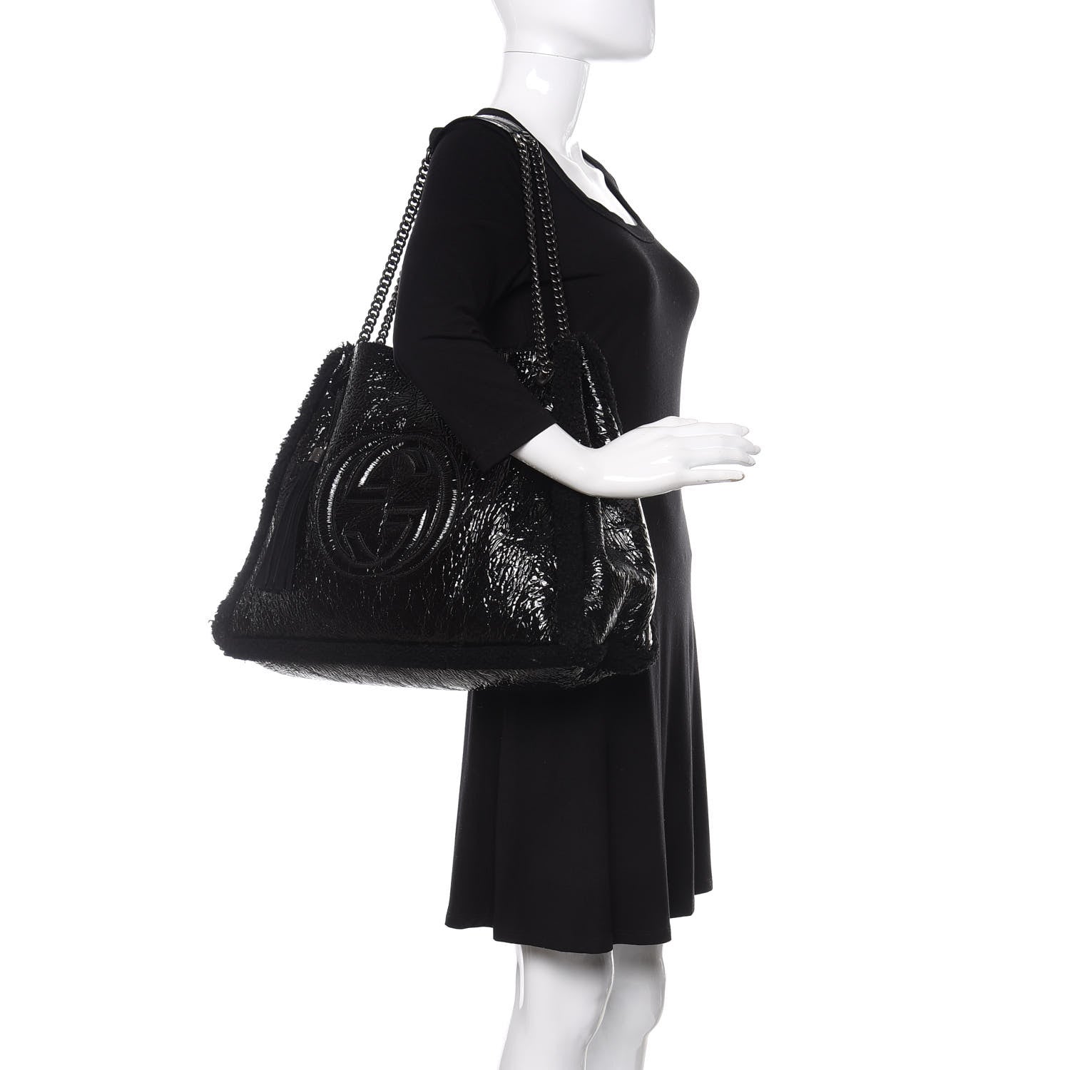 Gucci Patent Shearling Large Soho Chain Shoulder Bag Black 2 of 11