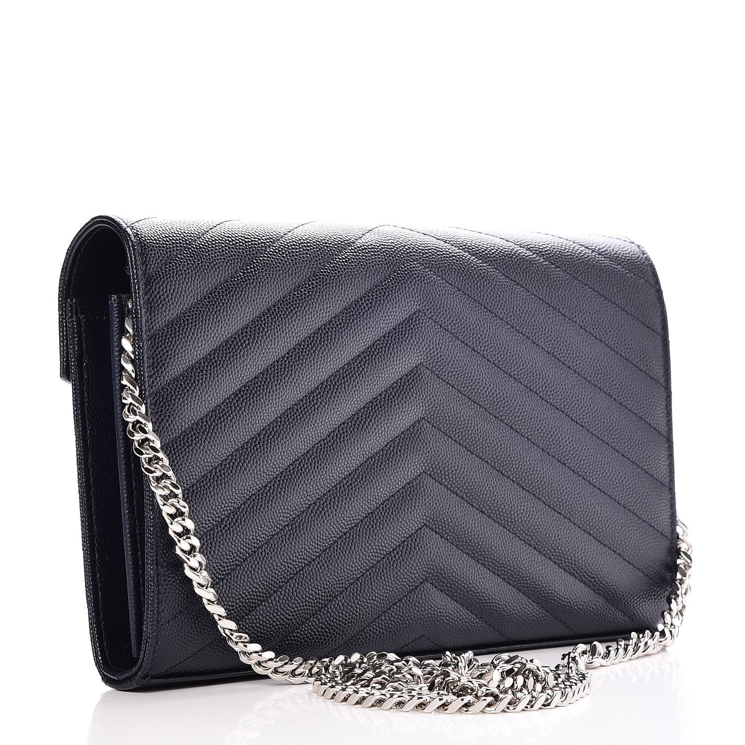 Saint Laurent Grain De Poudre Matelasse Chevron Monogram Chain Wallet Navy 3 of 7