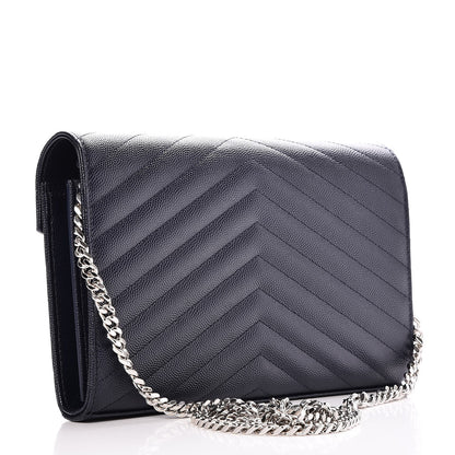 Saint Laurent Grain De Poudre Matelasse Chevron Monogram Chain Wallet Navy 3 of 7