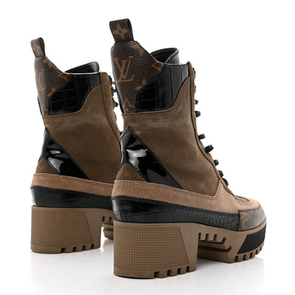 Louis Vuitton Suede Calfskin Crocodile Embossed Patent Monogram Laureate Platform Desert Boots 37 Taupe 4 of 9