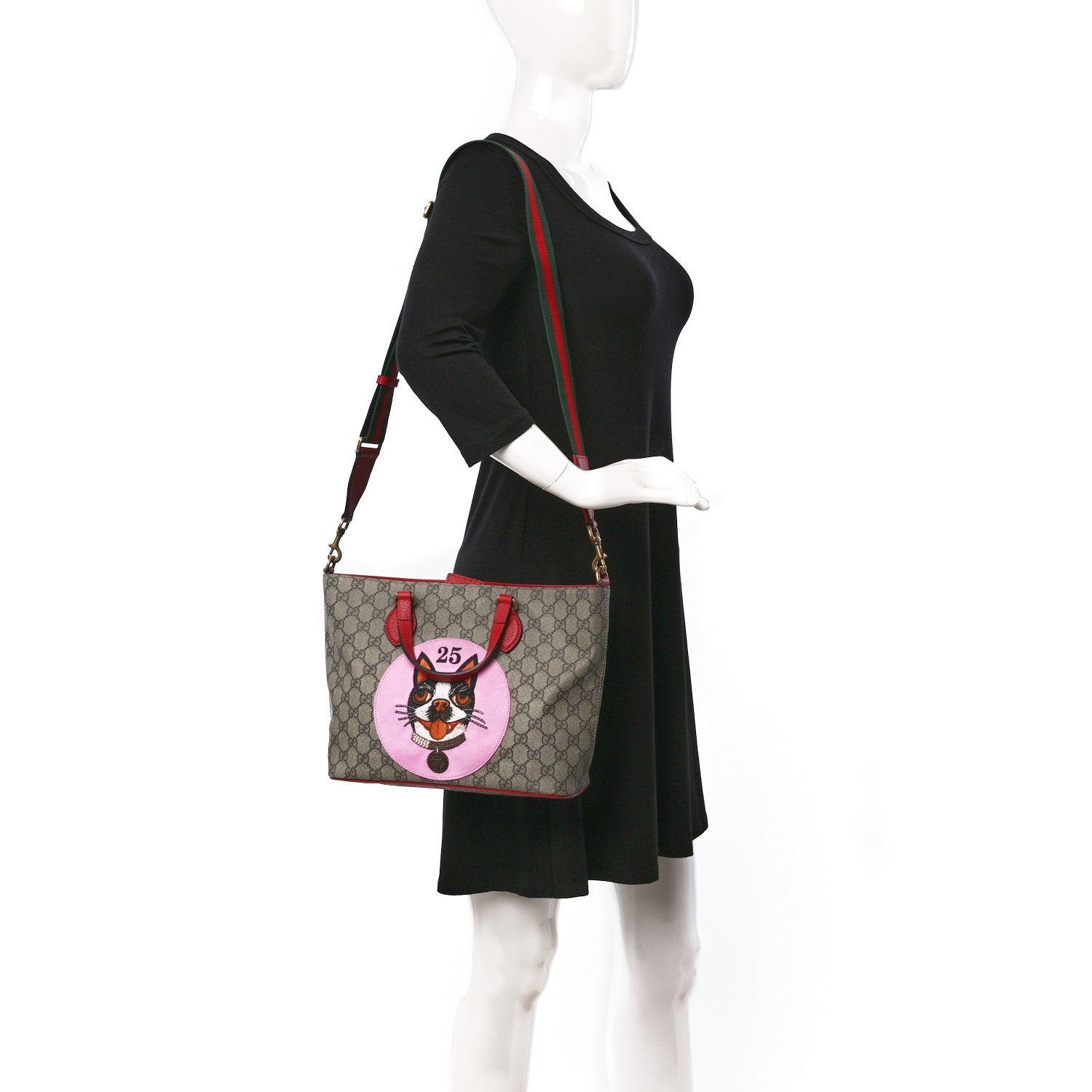 Gucci Soft GG Supreme Monogram Web Bosco Patch Small Crossbody Tote Beige Malva Hibiscus Red 2 of 9